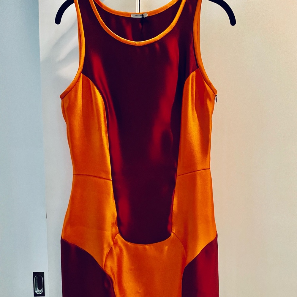 NWT MIU MIU Silk Sheath Dress Orange Burgundy Colorblock 42IT
